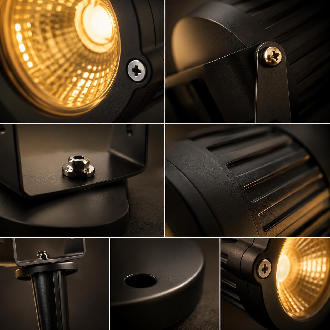 A six-panel close-up collage showing details of a black outdoor spotlight, including the illuminated reflector, mounting bracket, screws, vented housing, pole base, and side detail.