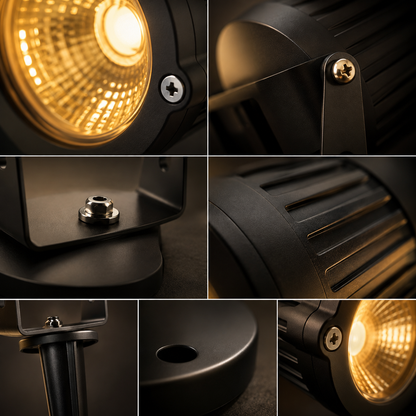 A six-panel close-up collage showing details of a black outdoor spotlight, including the illuminated reflector, mounting bracket, screws, vented housing, pole base, and side detail.