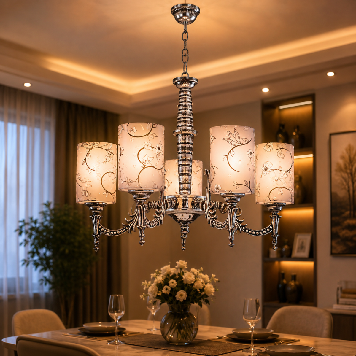 Chandelier hanging above a dining table in a well-lit room.
