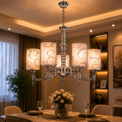 Chandelier hanging above a dining table in a well-lit room.