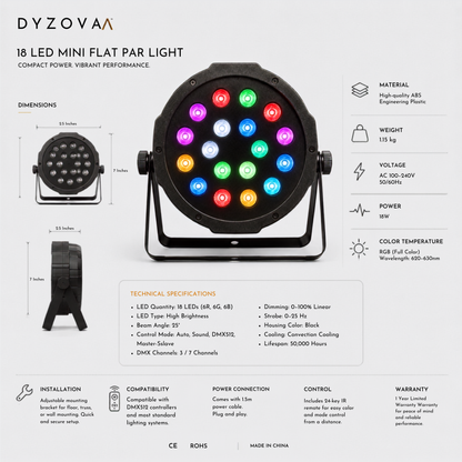 A technical product infographic for a DYZOVA 18 LED mini flat par light, showing the product from the front and back with dimensions, weight, technical specifications, installation info, and warranty details on a white background.