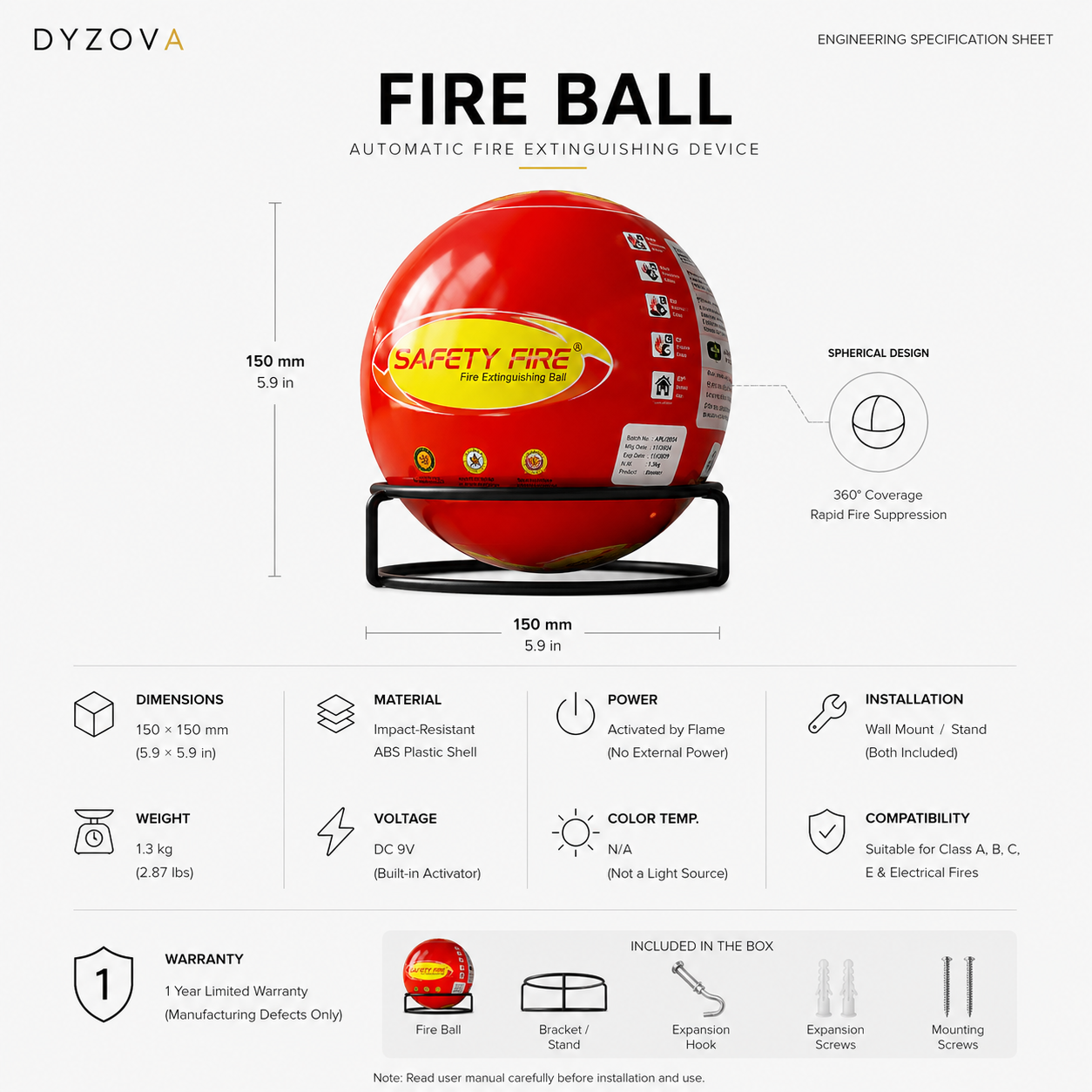 An engineering specification sheet for a DYZOVA Fire Ball automatic fire extinguishing device, showing a red spherical device on a black stand with dimensions, features, and a warranty box on a light gray background.