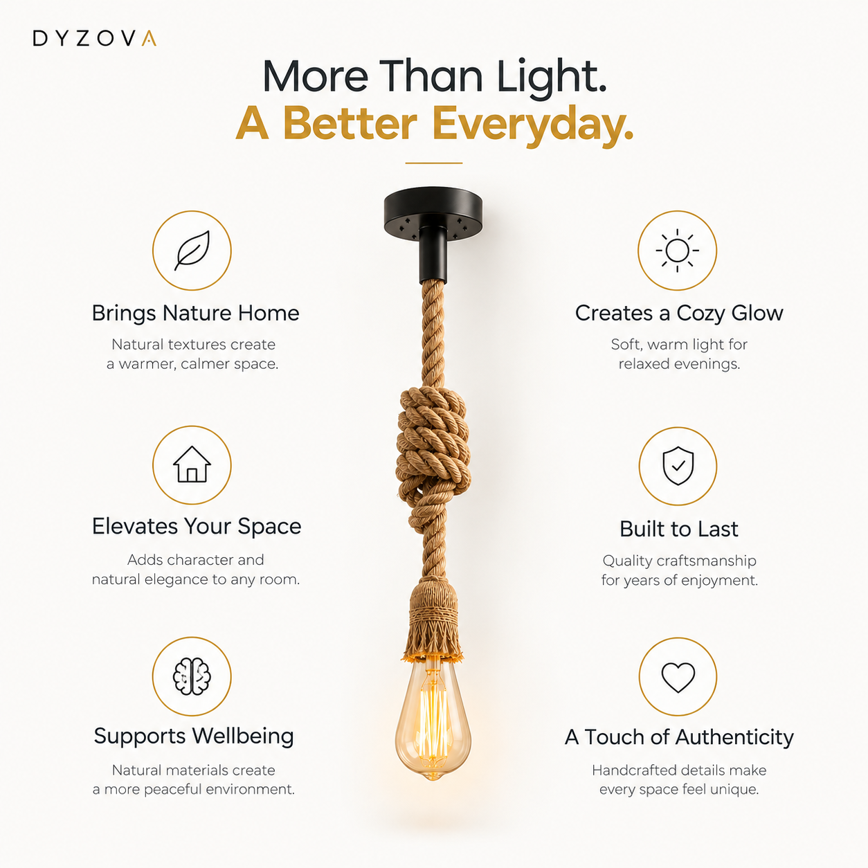 An industrial-style pendant light with a thick knotted jute rope and a clear glass bulb, centered on a light beige background with marketing text and icons from DYZOVA.
