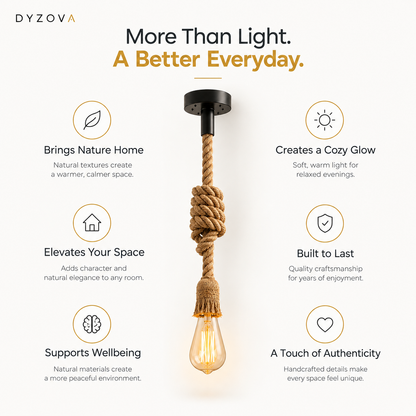 An industrial-style pendant light with a thick knotted jute rope and a clear glass bulb, centered on a light beige background with marketing text and icons from DYZOVA.