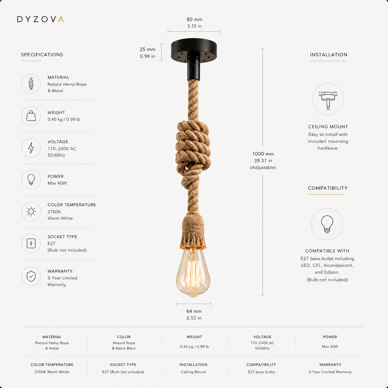 An industrial-style rope pendant light fixture by DYZOVA, featuring a thick natural jute rope wrapped around a black metal rod and finished with a clear glass shade containing a warm white LED bulb. The image is a detailed product specification and installation chart with dimensions and feature icons.