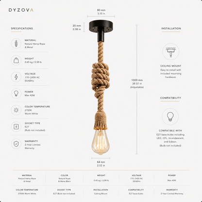 An industrial-style rope pendant light fixture by DYZOVA, featuring a thick natural jute rope wrapped around a black metal rod and finished with a clear glass shade containing a warm white LED bulb. The image is a detailed product specification and installation chart with dimensions and feature icons.
