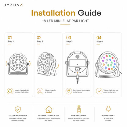 An installation guide infographic for a 18 LED mini flat par light by DYZOVA, showing four steps to assemble and connect the light, along with feature icons for secure installation, indoor/outdoor use, remote control, and power supply.