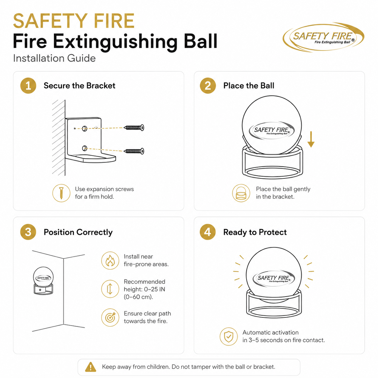 An installation guide infographic for a Safety Fire Fire Extinguishing Ball, showing four numbered steps with diagrams and text instructions on how to mount and position the ball.