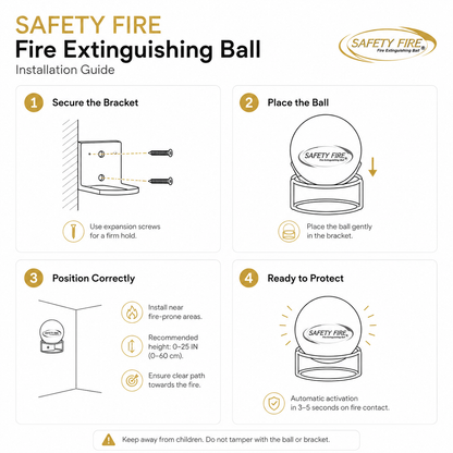 An installation guide infographic for a Safety Fire Fire Extinguishing Ball, showing four numbered steps with diagrams and text instructions on how to mount and position the ball.