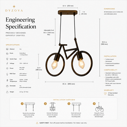 Bicycle Pendant Ceiling Light | 2-Light Industrial Hanging Lamp | E27 Metal Frame