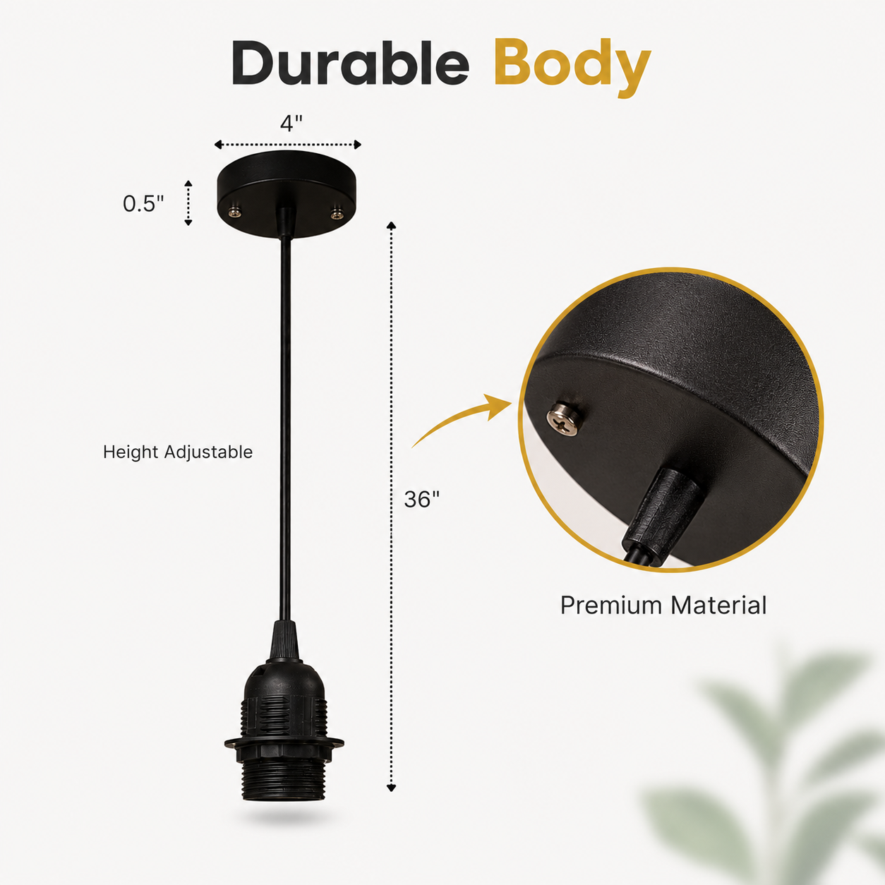 Black pendant light fixture with measurements and material details on a white background