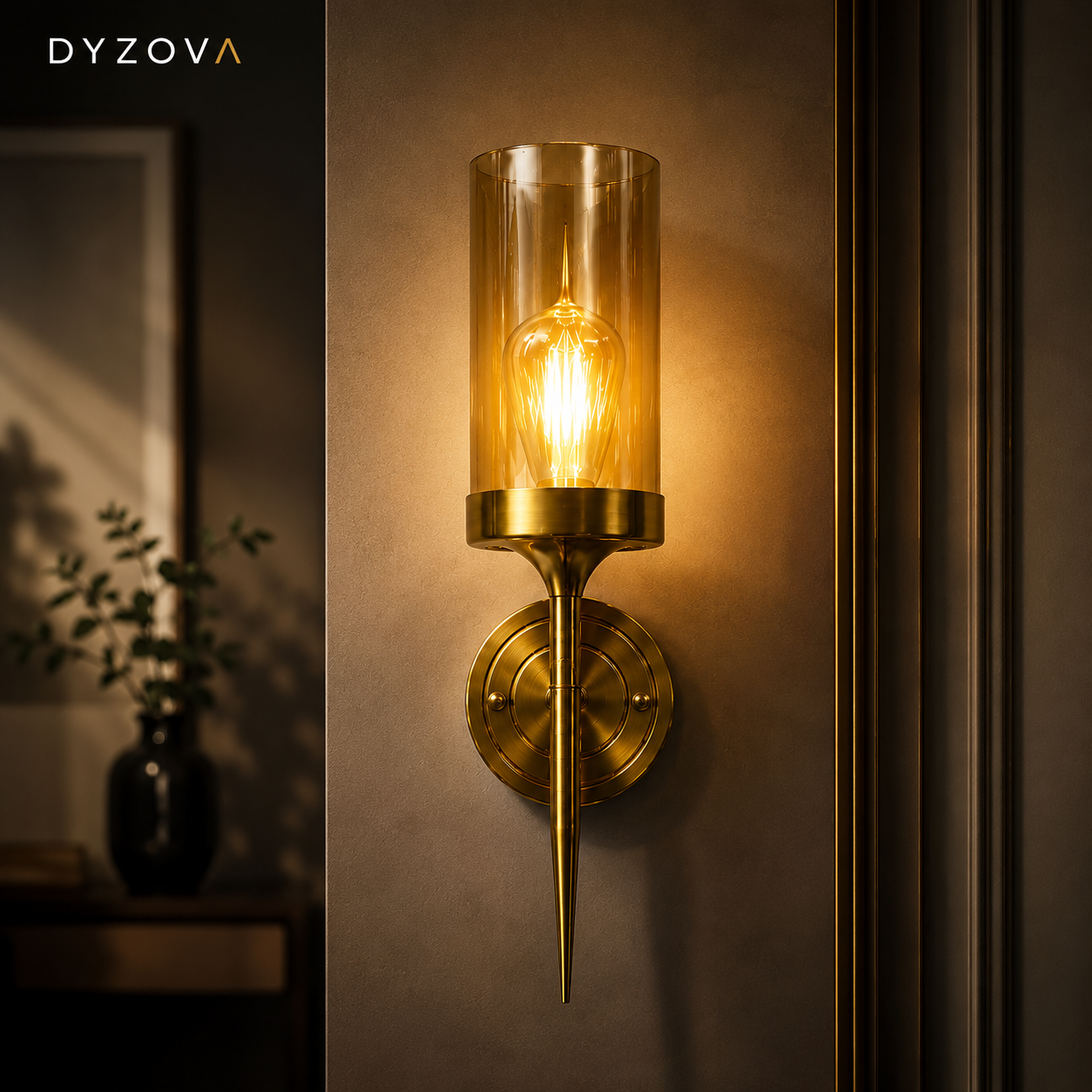 Brushed Gold Wall Sconce | Amber Glass Cylinder Shade | E27 Indoor Wall Light