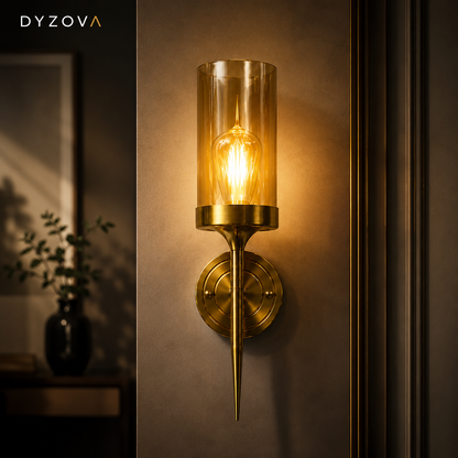 Brushed Gold Wall Sconce | Amber Glass Cylinder Shade | E27 Indoor Wall Light