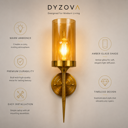 Brushed Gold Wall Sconce | Amber Glass Cylinder Shade | E27 Indoor Wall Light