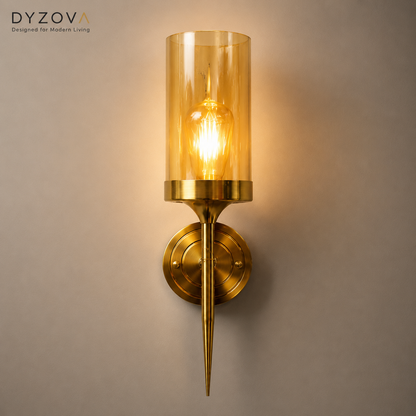 Brushed Gold Wall Sconce | Amber Glass Cylinder Shade | E27 Indoor Wall Light
