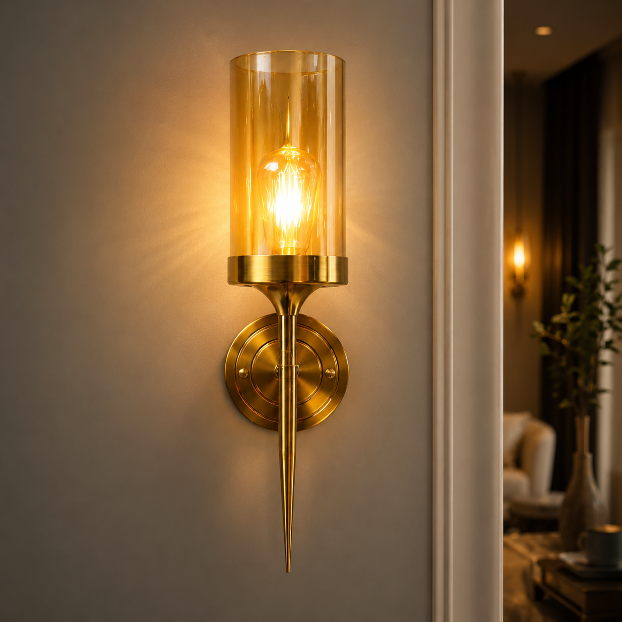 Brushed Gold Wall Sconce | Amber Glass Cylinder Shade | E27 Indoor Wall Light