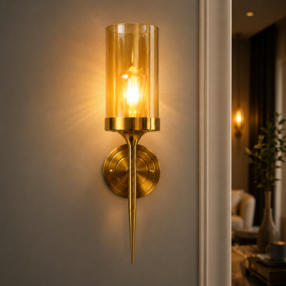 Brushed Gold Wall Sconce | Amber Glass Cylinder Shade | E27 Indoor Wall Light