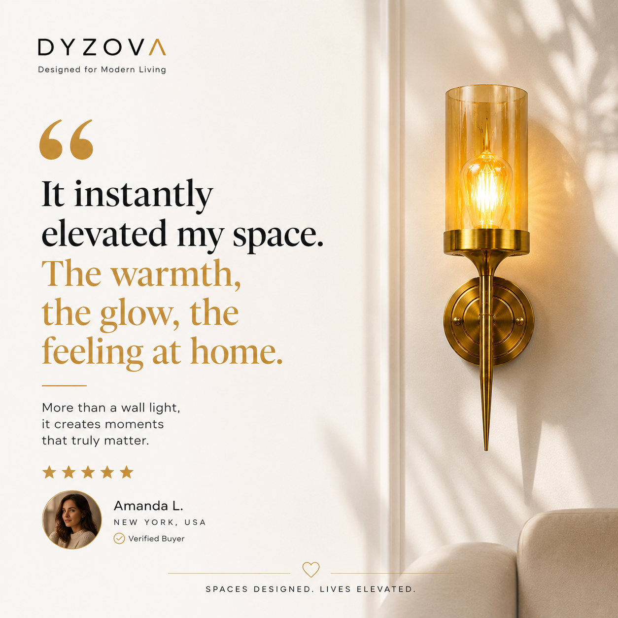 Brushed Gold Wall Sconce | Amber Glass Cylinder Shade | E27 Indoor Wall Light