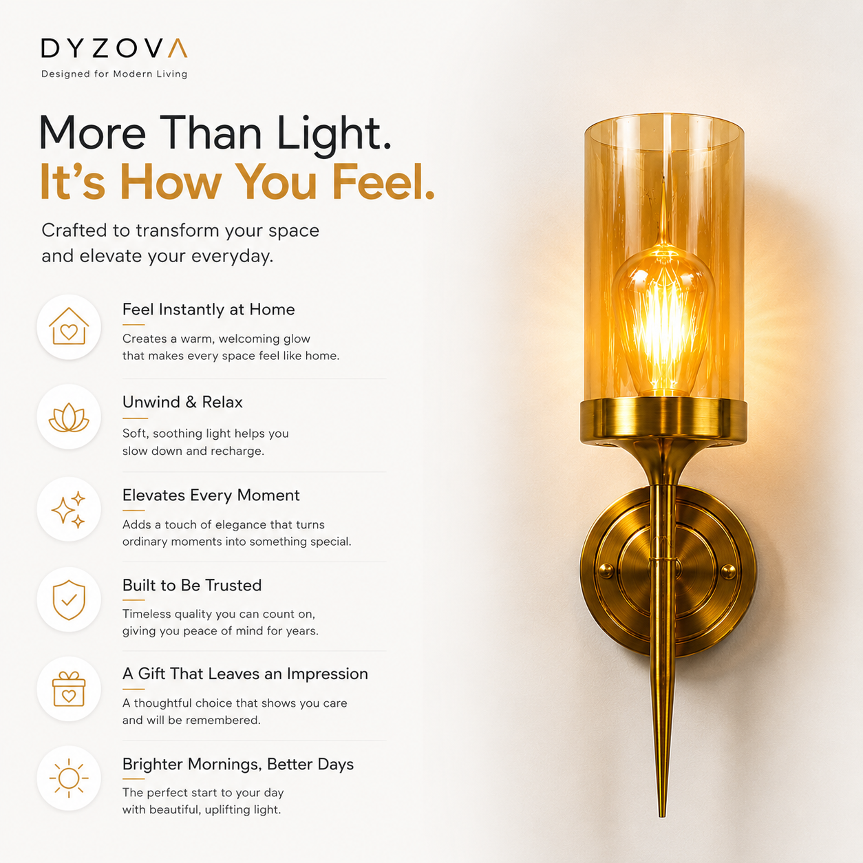 Brushed Gold Wall Sconce | Amber Glass Cylinder Shade | E27 Indoor Wall Light