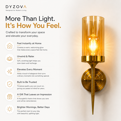Brushed Gold Wall Sconce | Amber Glass Cylinder Shade | E27 Indoor Wall Light
