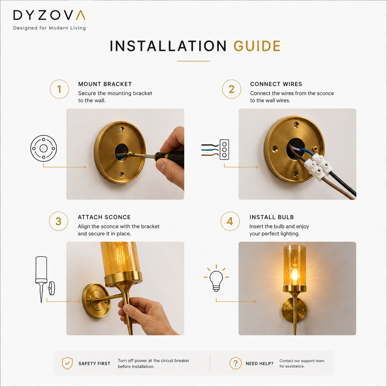 Brushed Gold Wall Sconce | Amber Glass Cylinder Shade | E27 Indoor Wall Light