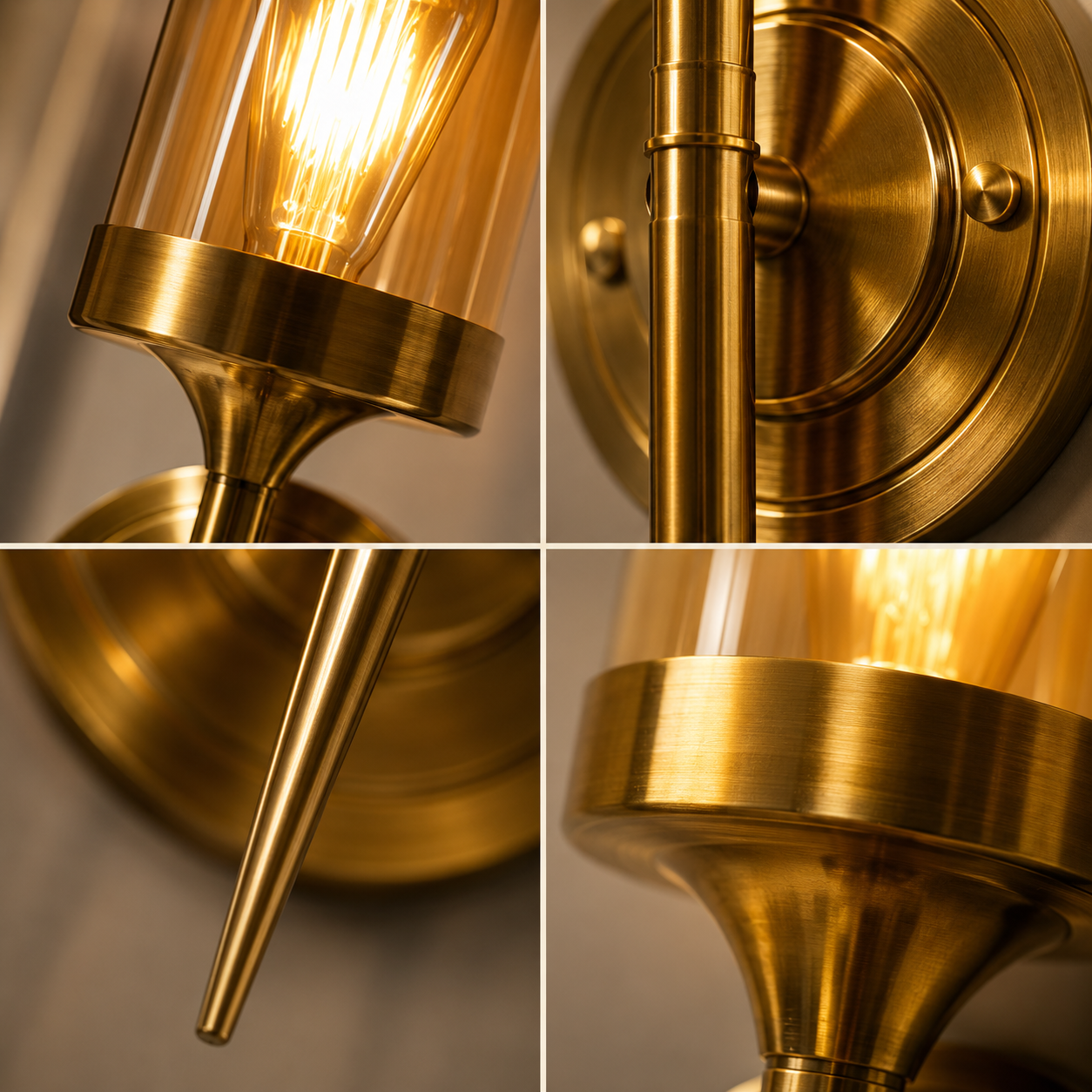 Brushed Gold Wall Sconce | Amber Glass Cylinder Shade | E27 Indoor Wall Light