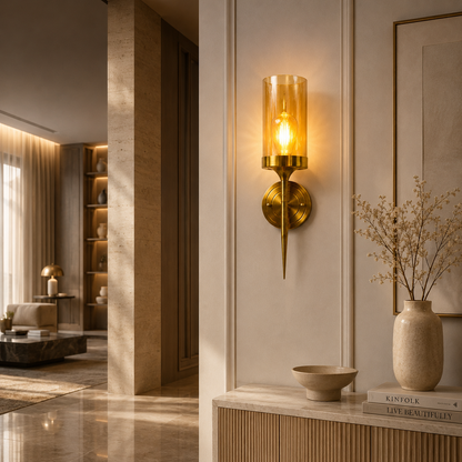 Brushed Gold Wall Sconce | Amber Glass Cylinder Shade | E27 Indoor Wall Light