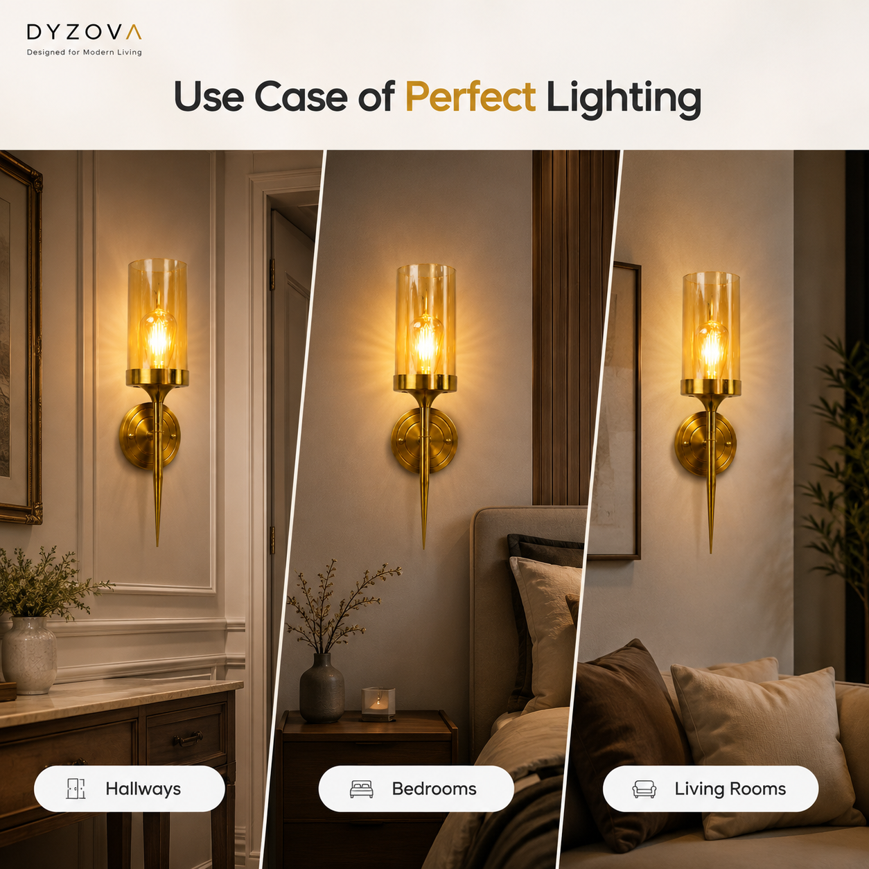 Brushed Gold Wall Sconce | Amber Glass Cylinder Shade | E27 Indoor Wall Light