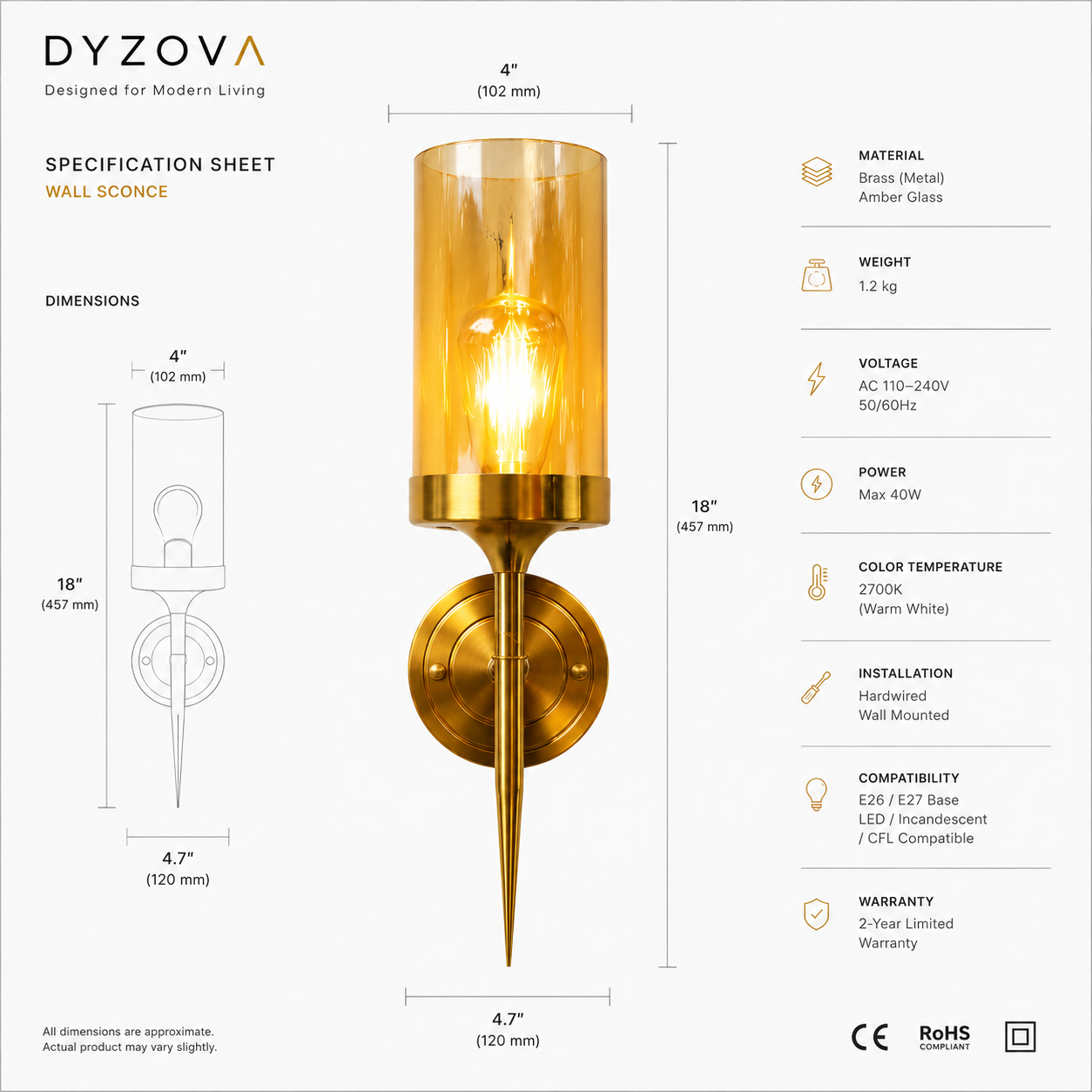 Brushed Gold Wall Sconce | Amber Glass Cylinder Shade | E27 Indoor Wall Light
