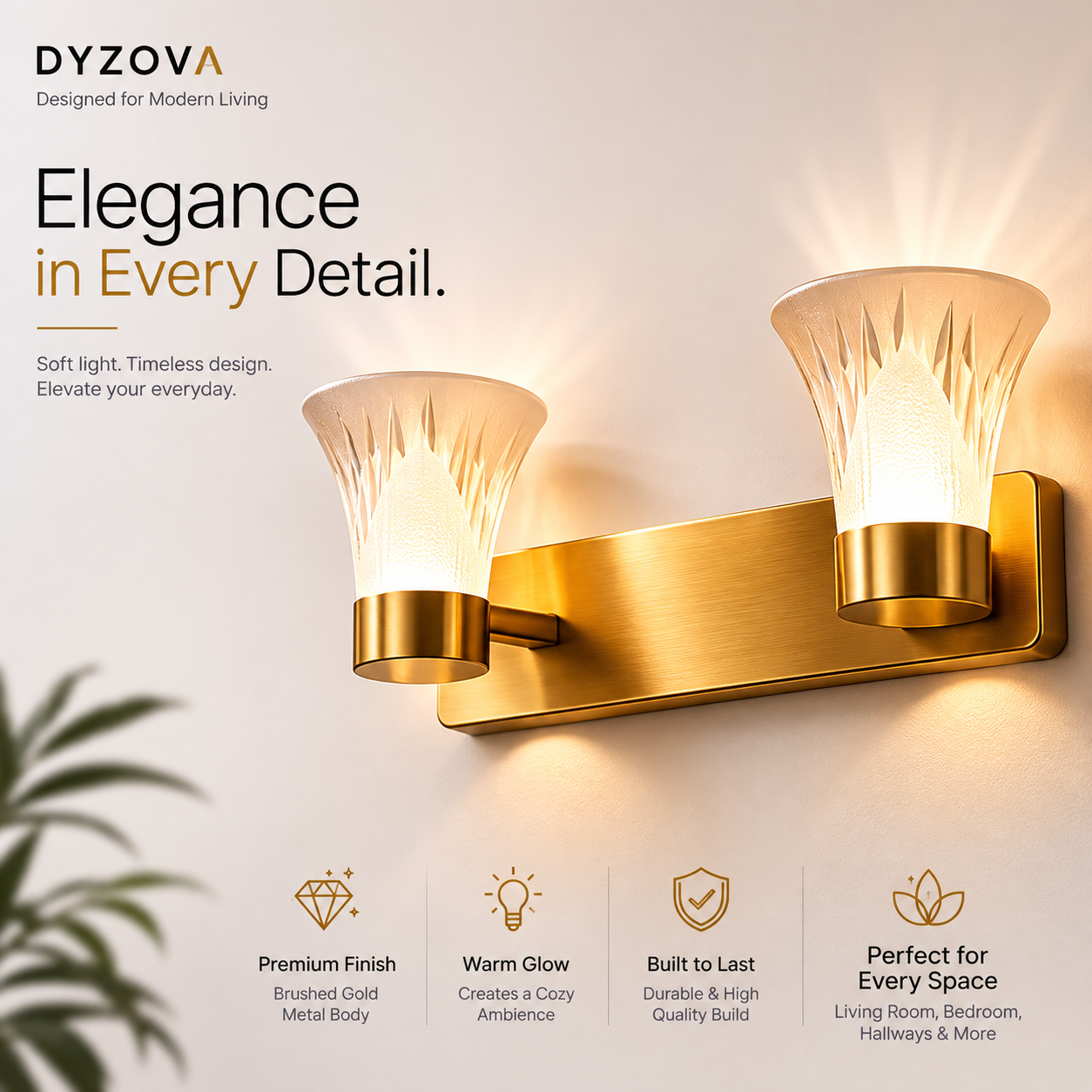 Modern Brushed Gold 2-Light Wall Sconce for Bathroom Vanity