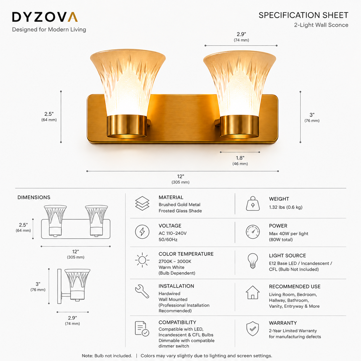 Modern Brushed Gold 2-Light Wall Sconce for Bathroom Vanity