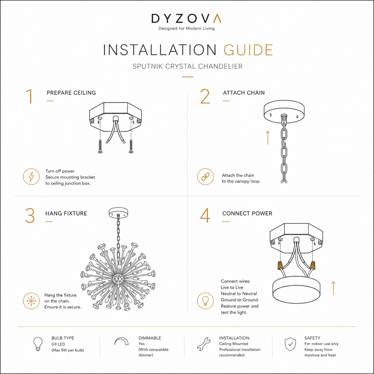 Luxury Gold Sputnik Crystal Chandelier | Multi-Arm G9 LED Ceiling Light with Crystal Accents