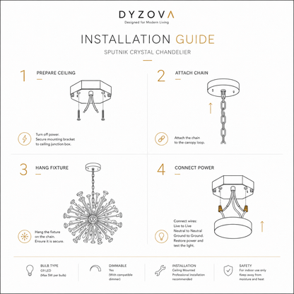 Luxury Gold Sputnik Crystal Chandelier | Multi-Arm G9 LED Ceiling Light with Crystal Accents