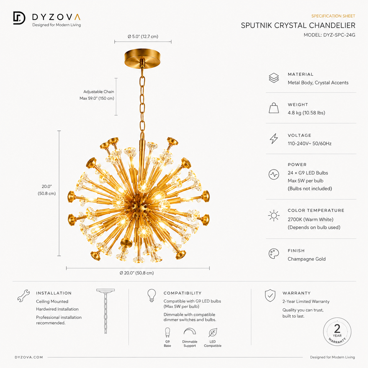 Luxury Gold Sputnik Crystal Chandelier | Multi-Arm G9 LED Ceiling Light with Crystal Accents