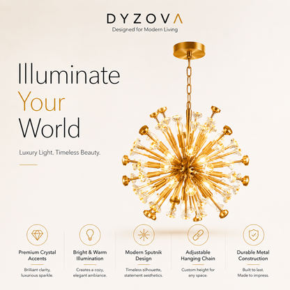 Luxury Gold Sputnik Crystal Chandelier | Multi-Arm G9 LED Ceiling Light with Crystal Accents