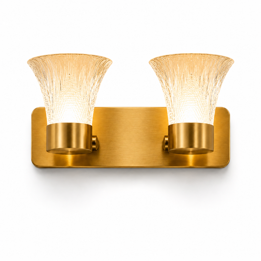 Brushed Gold 2-Light Wall Sconce | Crystal Glass Shade Vanity Light for Bathroom & Living Room