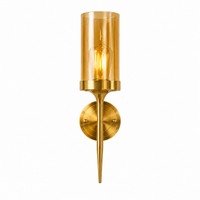 Brushed Gold Wall Sconce | Amber Glass Cylinder Shade | E27 Indoor Wall Light