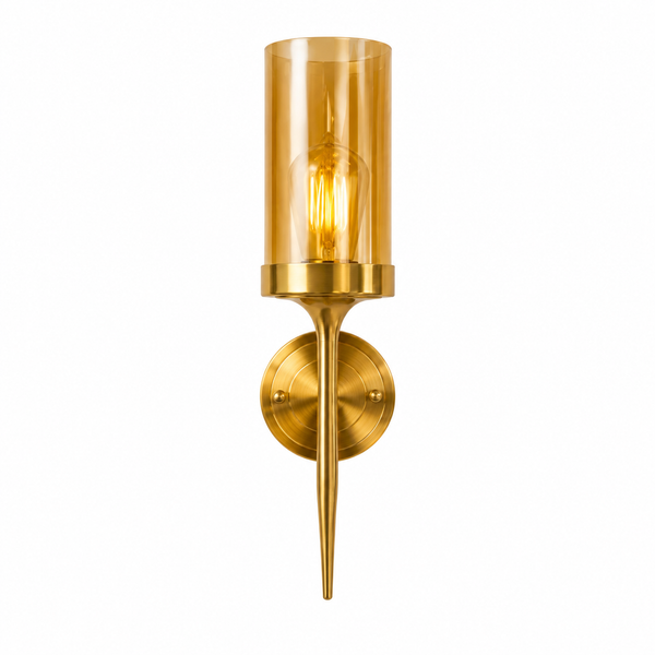 Brushed Gold Wall Sconce | Amber Glass Cylinder Shade | E27 Indoor Wall Light