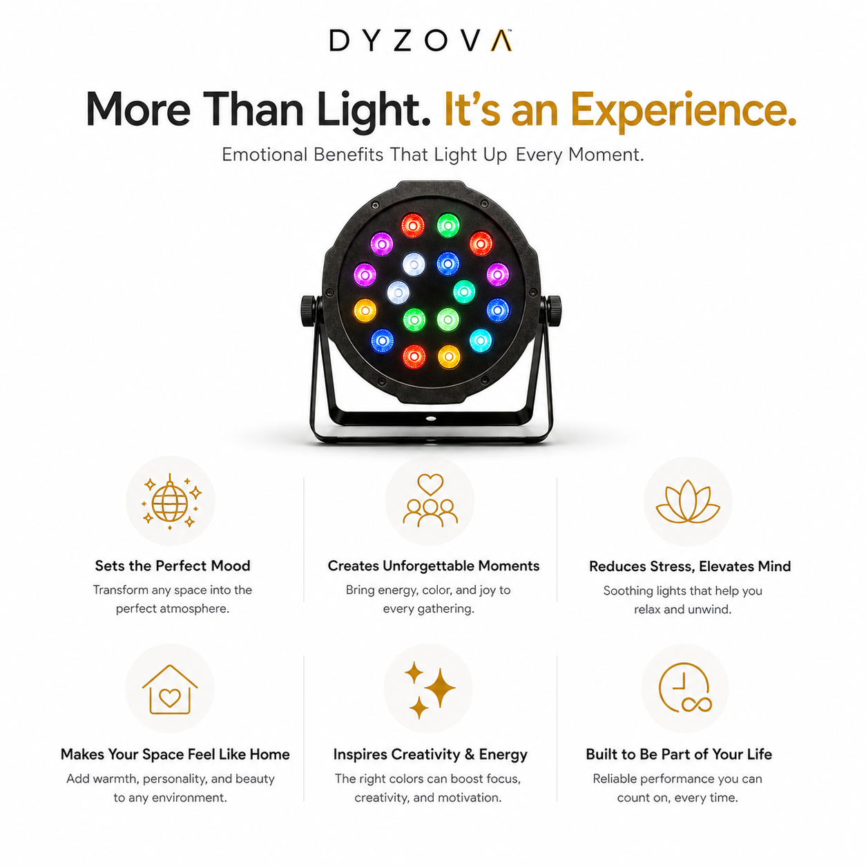 DYZOVA LED light fixture shown on a white background with marketing text and feature icons below. The fixture has a black body with multiple colorful illuminated LED lights on the front face.