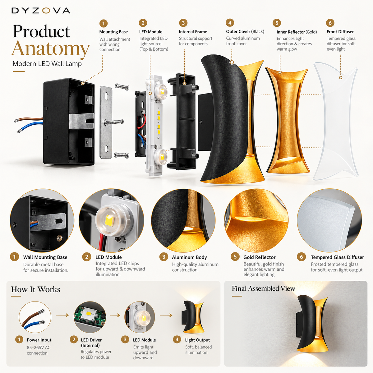 An educational product diagram of a DYZOVA modern LED wall lamp, showing both the physical exploded view of the product parts and a step-by-step 'How It Works' flowchart on a white background.
