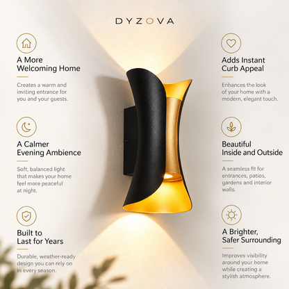 A wall-mounted outdoor light fixture by DYZOVA with a sculptural black and gold curved design, shown illuminated on a beige wall with marketing text callouts around it.