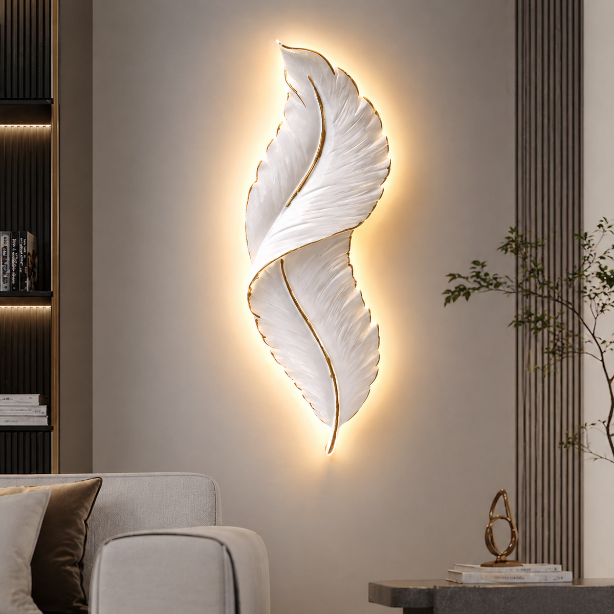 Decorative wall light shaped like a feather in a modern living room.