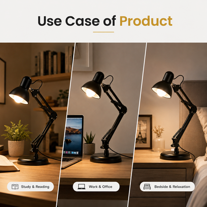 Matte Black Architect Desk Lamp | Swing-Arm Study Light | E27 Adjustable