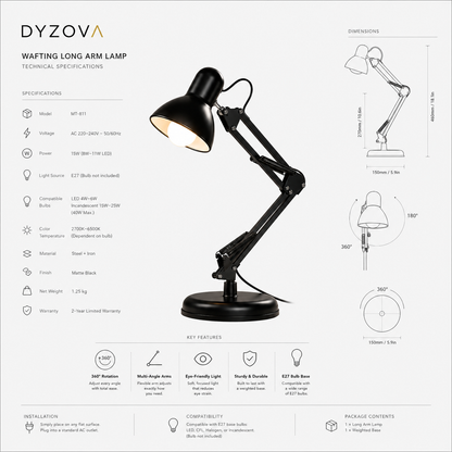 Matte Black Architect Desk Lamp | Swing-Arm Study Light | E27 Adjustable