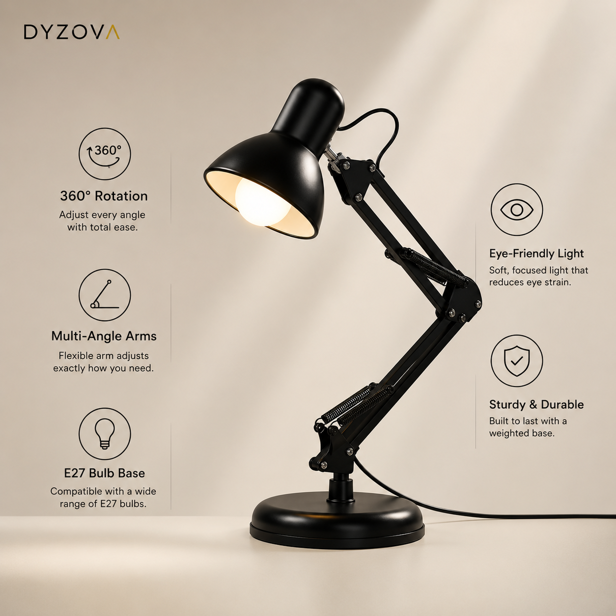 Matte Black Architect Desk Lamp | Swing-Arm Study Light | E27 Adjustable