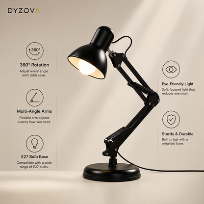 Matte Black Architect Desk Lamp | Swing-Arm Study Light | E27 Adjustable