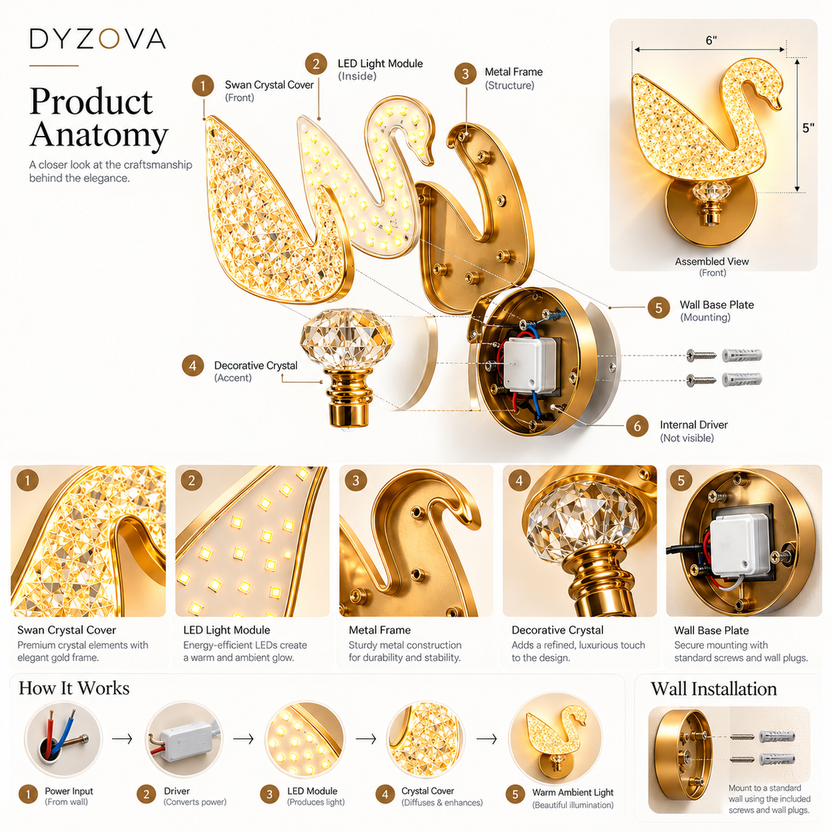 Crystal Swan LED Wall Light | 3-in-1 Color Temperature 3000K 4000K 6500K | Brushed Gold Crystal