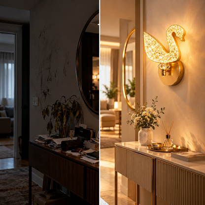 Crystal Swan LED Wall Light | 3-in-1 Color Temperature 3000K 4000K 6500K | Brushed Gold Crystal