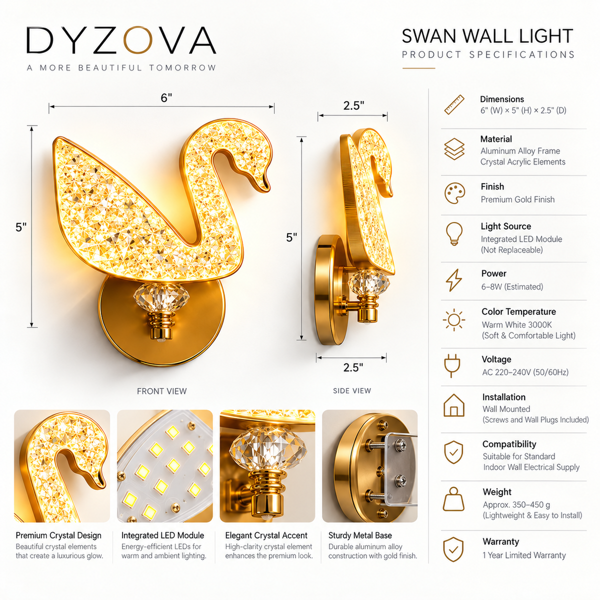 Crystal Swan LED Wall Light | 3-in-1 Color Temperature 3000K 4000K 6500K | Brushed Gold Crystal