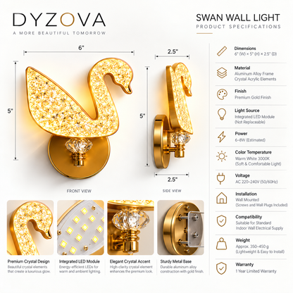 Crystal Swan LED Wall Light | 3-in-1 Color Temperature 3000K 4000K 6500K | Brushed Gold Crystal